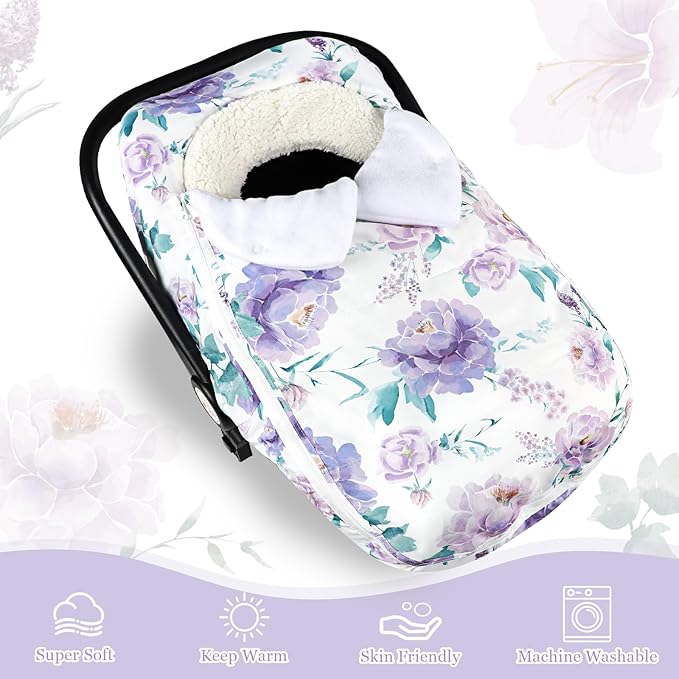Winter Car Seat Cover for Babies Girl Boy, Super Warm Plush Fleece Infant Carseat Cover for Stroller Car Seat, Double Sides Zipper Winter Car Seat Canopy for Newborn, Purple Floral