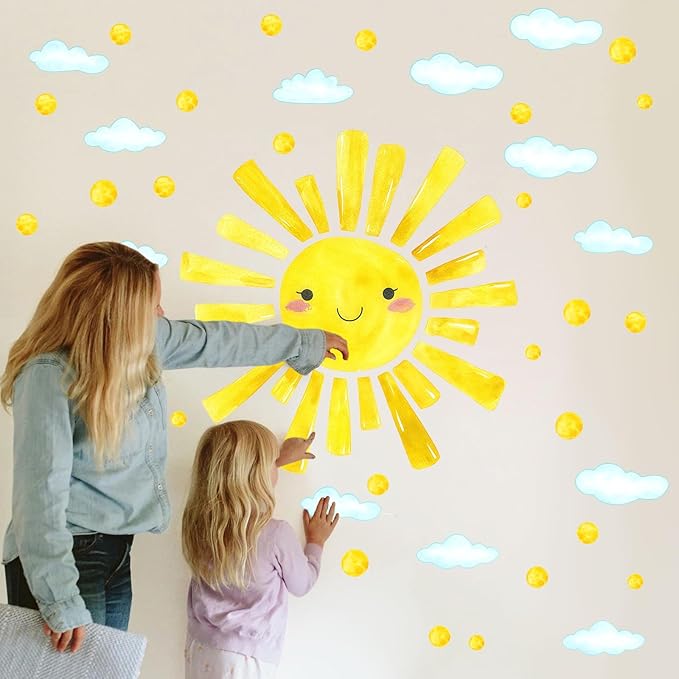 Radiant Smile Sun and Cloud Wall Decals - 12 Sheets Window Clings Watercolor Large Peel and Stick Wall Stickers for Kids Room, Nursery, Bedroom, Playroom Decor