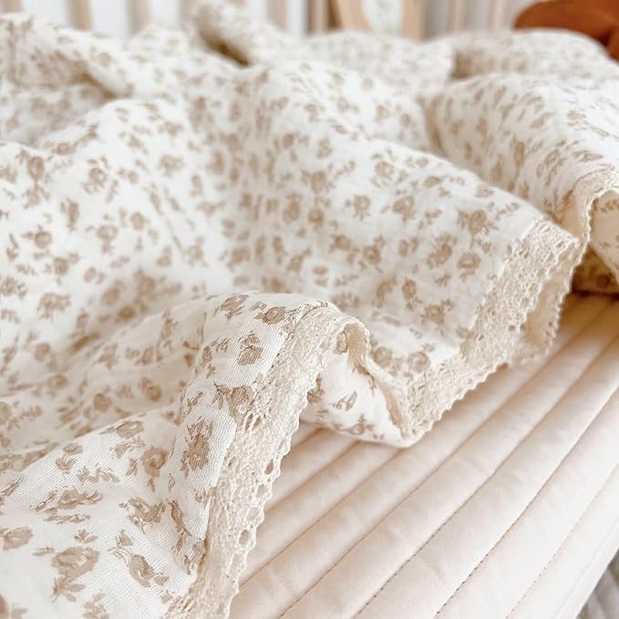 BuLuTu Beige Baby Blanket Flower Print Kid Quilt for Girls Boys Muslin Toddler Quilts for Kids Bed Breathable Comforter Bedding Decor Birthday Gifts, Camellia Pattern, 60x78 Inches