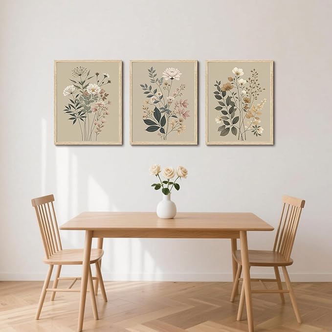 CHMMART 3 Piece Botanical Floral Framed Wall Art Vintage Flower Canvas Art Prints Wildflower Pictures Wall Decor Nature Painting Artwork for Living Room Bedroom Bathroom 16x20in