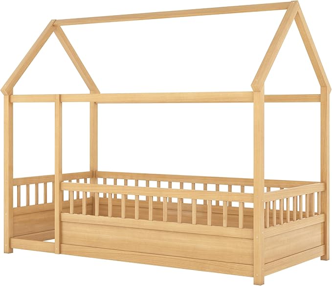 Bellemave Twin House Bed for Kids, Wooden Kids bedframe with Rails and Storage, Montessori Floor beds with high guardrail Without slats, Natural