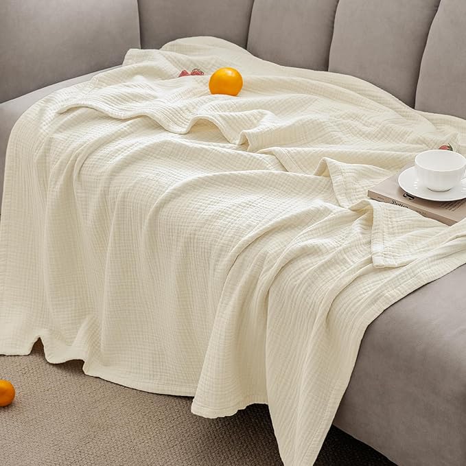 PHF 100% Cotton Muslin Blanket Queen Size 90"x90", 4-Layer Lightweight Gauze Throw, Breathable Cloud-Soft Minimalist Blanket for Bed, Couch, Camping & Baby, Birch, Ideal Gift