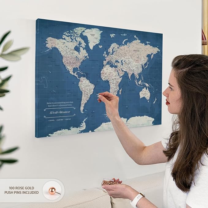 ElephantStock - World Adventures Push Pin Travel Map I Wall Art - Horizontal Canvas Wall Art - Living Room Wall Decor - Printmaking Map Canvas Art - Blue And Beige Decor - 30" x 20"