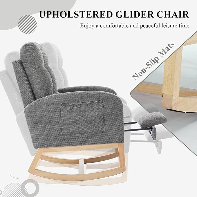 Nursery Rocking Chair, Polyester Upholstered Glider Chair with Footrest, Comfy Rocker Chair, Accent Chair with High Backrest, Glider Rocker, Armchair for Living Room (Gray Linen)