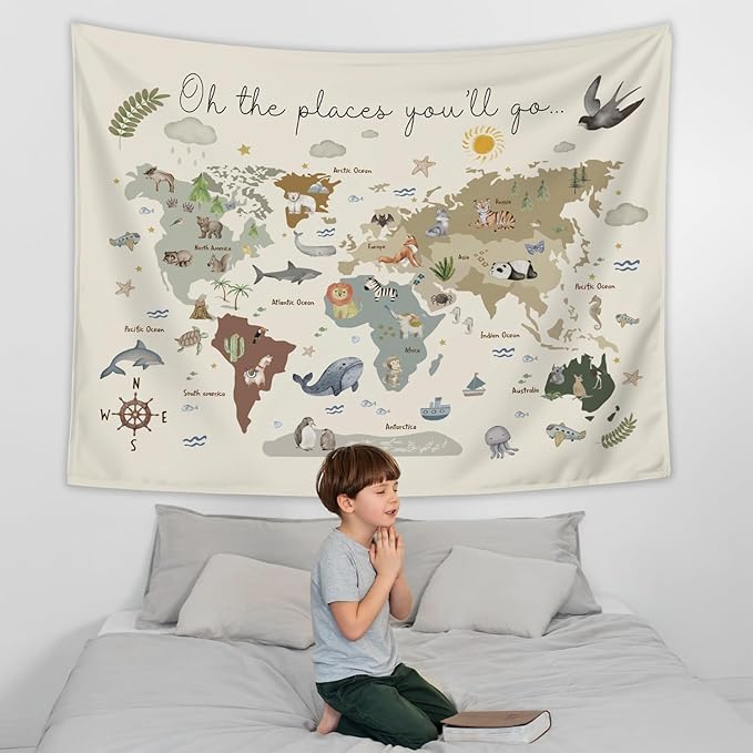 LIANGW Boho Kids World Map Tapestry Wall Hanging, Animal Continents Wildlife Educational Geography Learning Wall Blanket Decor for Classroom Toddler Kids Room Nursery Playroom, 50x60 Inch