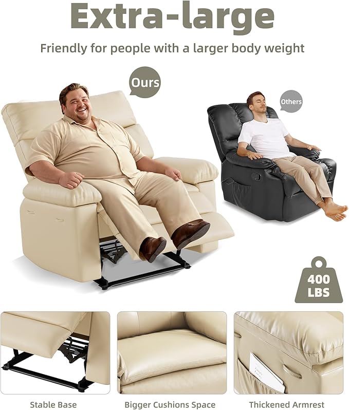 GarveeHome Oversized Wide Recliner Chair - Heat and Massage, PU Leather Extra Wide Manual Recliner for Adults, Large Lazy Chair with 1.5X Sponge Comfort Arm and Back for Living Room, Bedroom