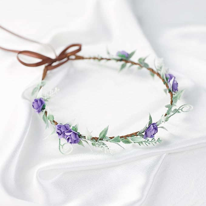 Fairy Flower Crown Weeding Headpieces - Handmade Crafts Bohemian Bridal Garland Weeding Crowns for Women Girls Kids Diy Party Vacation Renaissance Photography Props Purple Rose