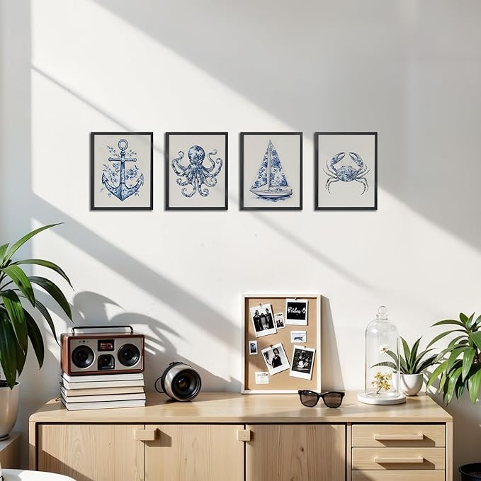 OFJE Coastal Beach Wall Art Decor Prints Set of 4, Chinoiserie Marine Biology Crab Sailboat Anchor Octopus Wall Art Posters Decor for Home Bedroom Living Room, 8x10 Unframed