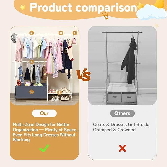 Kids Clothing Rack with Storage, Baby Clothes Rack Organizer Made of Natural Bamboo, Adjustable Hanging Rods for Dresses, Jackets, T-Shirts, Child Safe kids closet for Bedroom or Playroom