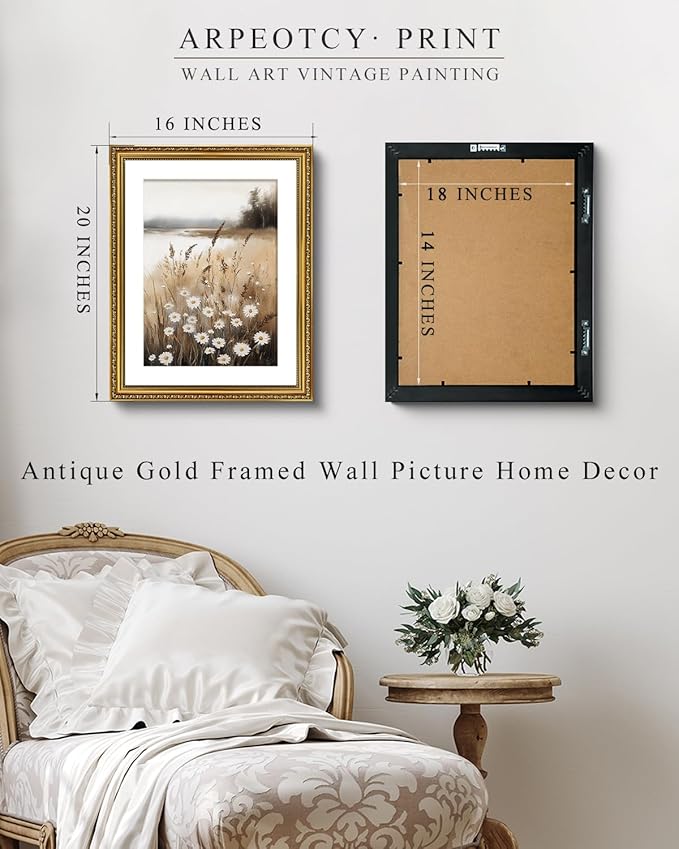 ARPEOTCY Vintage Gold Framed Large Wall Art, Wildflower Field Paintings, Floral Canvas Prints Artwork with Antique Frame, Victorian Wall Picture Decor for Room Gallery Living Room, 16x20 inch