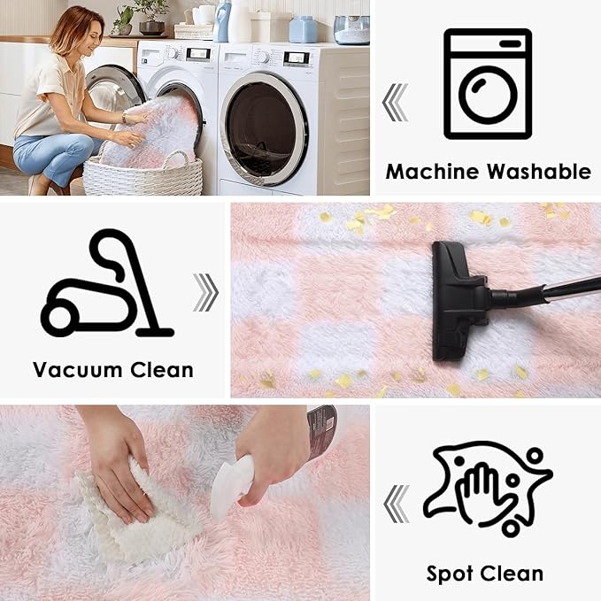 KICMOR Large 6x9 Rugs for Living Room, Soft Fluffy Light Pink and White Checkered Shag Area Rugs Big Fuzzy Shaggy Bedroom Carpet, Cute Plush Rug for Teen Toddler Kids Girls Room Nursery Home Decor