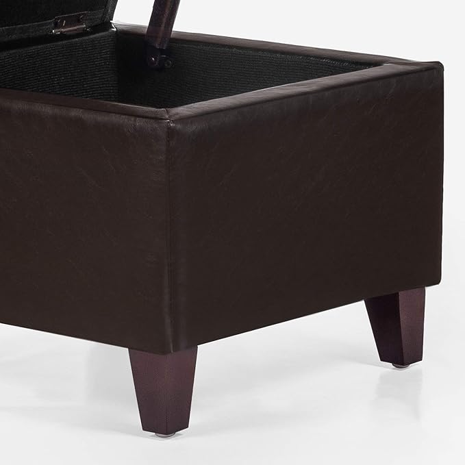 Adeco 15.2" Modern Brown Faux Leather Storage Ottoman with Tufted Flip Top for Living Room, Tufted Accents Rectangular Bench for Foot Rest