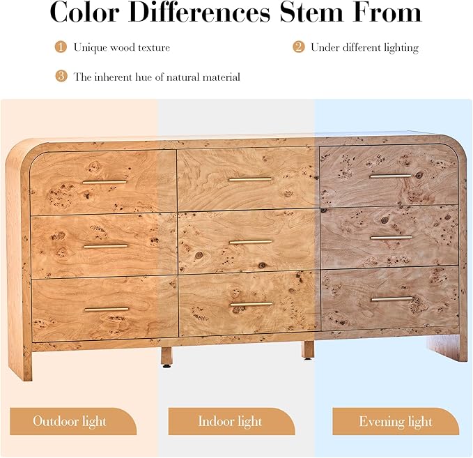 Curved 9-Drawer Dresser for Bedroom, 63" Wide Modern Chest of Drawers, Vanity Desk TV Stand for Living Room, Closet Storage Drawers Organizer Furniture, Nursery, Hallway, Light Burl