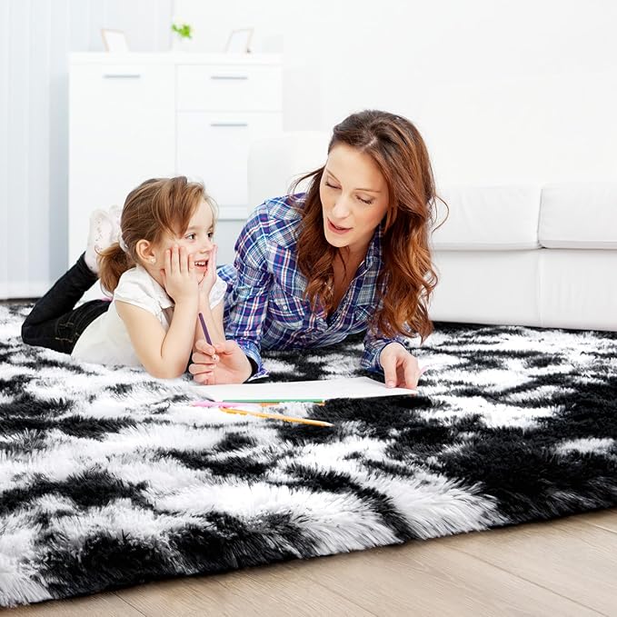 EVOIONOS Area Rug for Bedroom Living Room, Machine Washable 4x6 Fluffy Shag Rug, Soft Plush Non Slip Carpet for Indoor Floor Bedside Nursery Kids Room, Home Decor Aesthetic, Tie-Dyed Black and White
