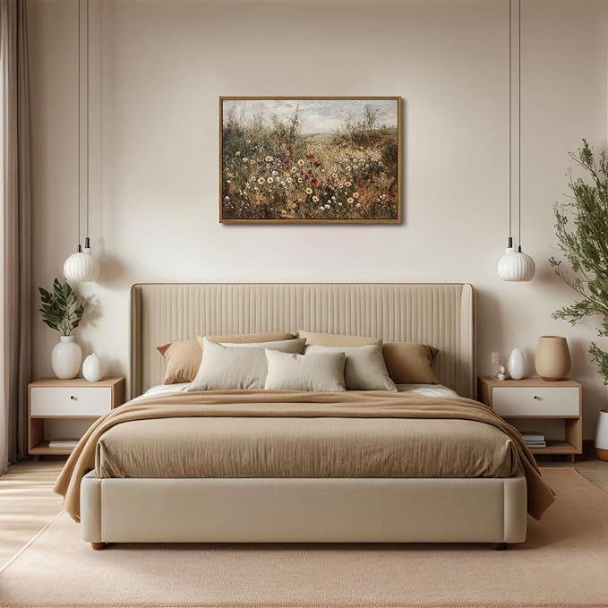 OIQArtOIQ Vintage Wildflowers Landscape Wall Art Framed Floral Natural Scenery Oil Painting Canvas Prints Country Farmhouse Fall Decor Pictures Kitchen Bedroom Living Room Bathroom