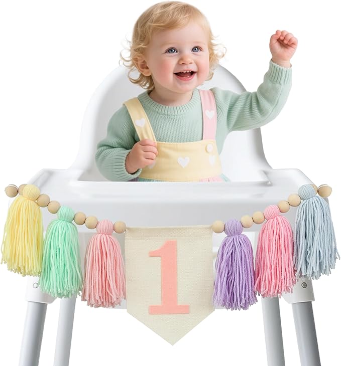 Boho Macaron Handmade 1st Birthday High Chair Banner First Highchair Banner For Baby Girls Wood Bead Tassel Garland 1 Birthday Party Decorations Princess Photoshoot Props Photo Props