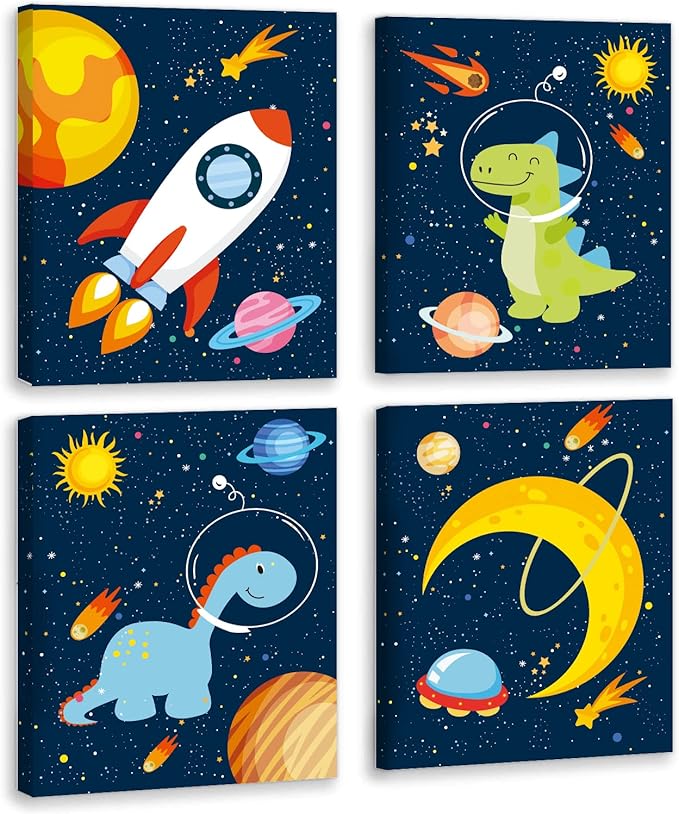 KAIRNE Outer Space Dinosaur Room Decor,Solar System Stars Wall Canvas Poster,Set Of 4 (8X10inch,framed) Planet Astronaut Art Print,Rocket Decor for Boys Room Toddler Kids Room Classroom Space Decor
