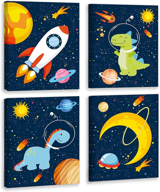 KAIRNE Outer Space Dinosaur Room Decor,Solar System Stars Wall Canvas Poster,Set Of 4 (8X10inch,framed) Planet Astronaut Art Print,Rocket Decor for Boys Room Toddler Kids Room Classroom Space Decor