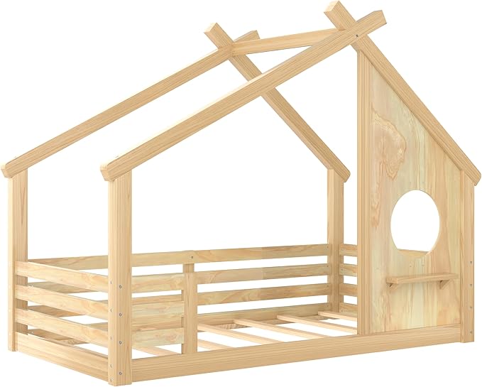 SOFTSEA Twin Size House Bed Frame, Kids Floor House Bed with Window and with Storage Shelf for Boys Girls, Wood Montessori Bed with Slats and Guardrails, Natural