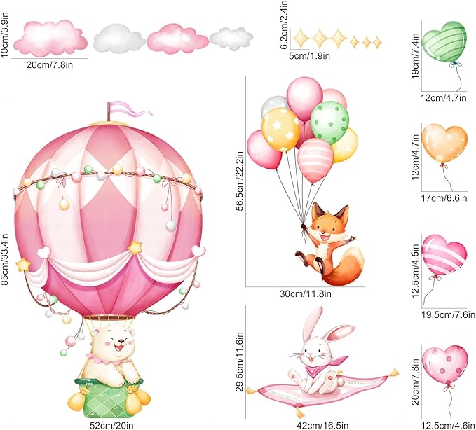 Hot Air Balloon Wall Decals for Girls, Cartoon Bear Fox Rabbit Wall Stickers Peel and Stick Vinyl Decor for Baby Nursery Room Toddlers Bedroom Playroom