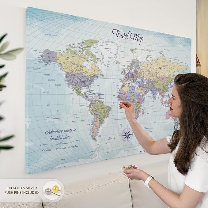 ElephantStock - Push Pin Travel Map World I Wall Art - Horizontal Canvas Wall Art - Living Room Wall Decor - Printmaking Map Canvas Art - Blue And Beige Decor - 51" x 34"