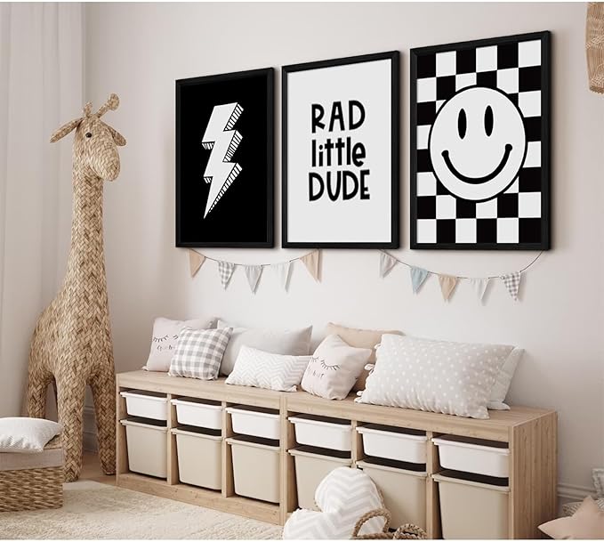 Boys Room Wall Art Decor Toddler Nursery Canvas Wall Art Baby Kids Wall Decor Black Checkered Smiley Poster Pictures Retro Playroom Rad Little Dud Art Prints for Bedroom 16x24x3 Inch Wood Framed