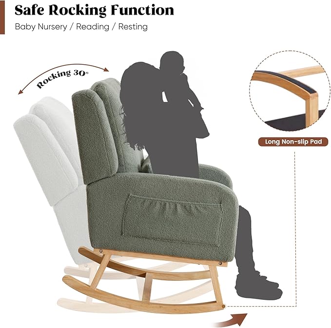 Rocking Chair Nursery, Sherpa Nursing Rocking Chairs, Upholstered Nursery Glider Rocker for Mom Nursery Morden Accent Rocking Chair with Lumbar Pillow for Living Room,Bedroom,Teddy Green