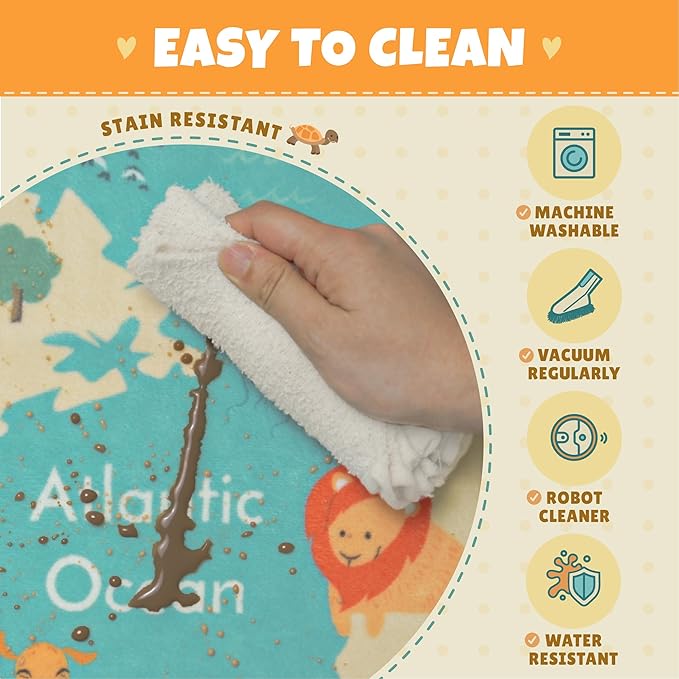 Large 8x10 Playroom Rugs - Kids Play Rug for Classroom Elementary, Bedroom, Living Room, Washable Soft Cute World Map Carpet with Ocean, Continents & Animals