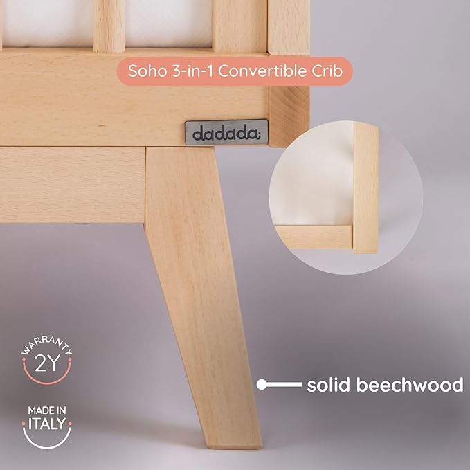 dadada Baby Soho 3 in 1 Convertible Wooden Crib to Toddler Bed - Made in Italy, GREENGUARD Gold Certified, Baby-Safe Finish, Sustainable Beech Wood, Modern Design, 3 Adjustable Heights (Natural)