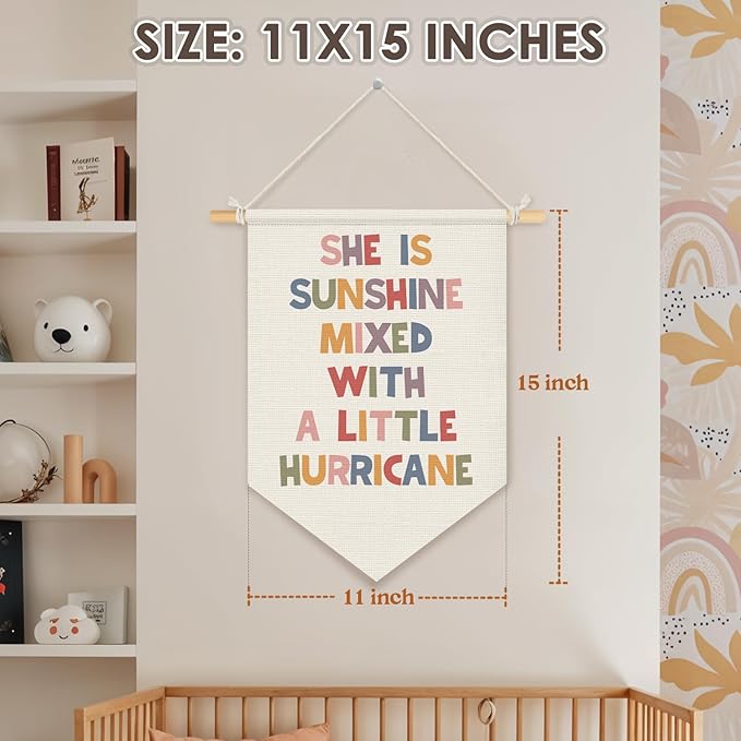 Wheatwin Girl Nursery Decor, She Is Mixed With a Little Hurricane Wall Hanging Pennant Flag Banner, Inspirational Nursery Wall Decor for Toddler Baby Girls Room Bedroom Dorm Playroom 15x11 Inch