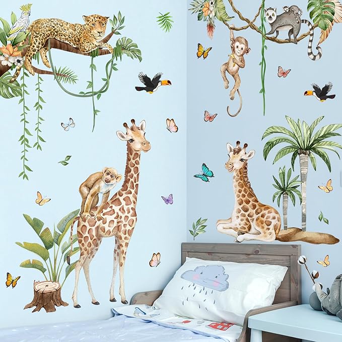 Jungle Safari Watercolor Wall Stickers - Large Removable Animal Wall Decals (Leopard, Giraffe, Monkey, Koala) with Tropical Plants Vines & Butterflies DIY Nursery Decor for Kids Bedroom, Classroom
