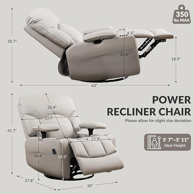 SUNWAVE Power Nursery Rocking Chair with Adjustable Armrests, Nursing Chair with USB, Cup Holders & Blanket, Swivel Rocker Recliner with Corduroy and PU Leather Mixed Fabric (Gray)