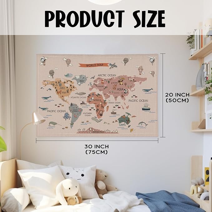 Wheatwin World Maps for Wall, World Map Banner for Kids, Cute Animal World Map Educational Tapestry Wall Hanging Banner Flag Decor for Kids Room Classroom Playroom