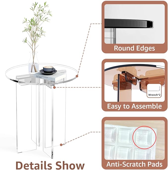 Acrylic Small Coffee Table, Round Accent End Table, Minimalist Bedside Nightstand, Side Tables Living Room, Bedroom Office Indoor Home Decor, Transparent