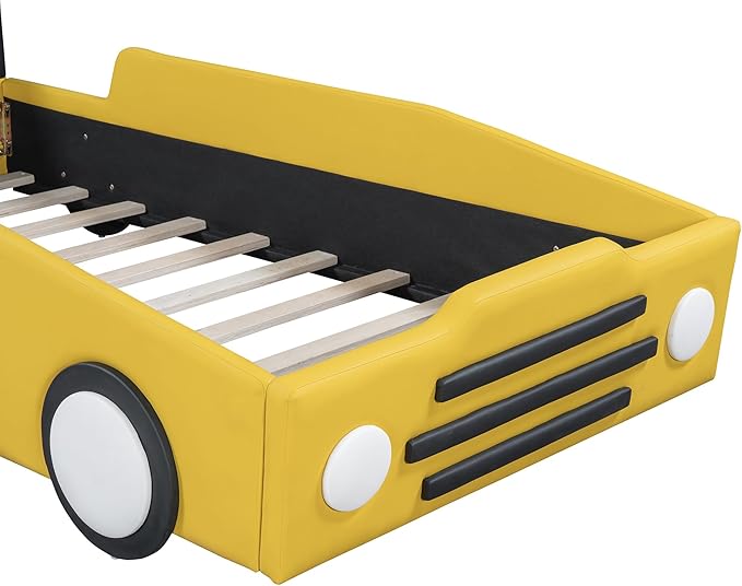 Harper & Bright Designs Twin Size Race Car-Shaped Platform Bed with Wheels,Yellow