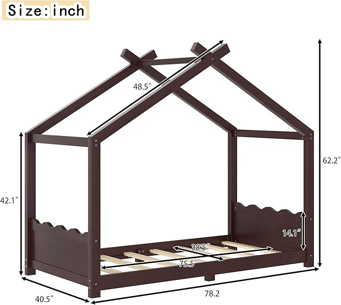Twin Size Wooden House Floor Bed - Kids Bed Frame with Roof & Support Slats for Bedroom, No Box Spring Needed, Easy Assembly (Espresso)
