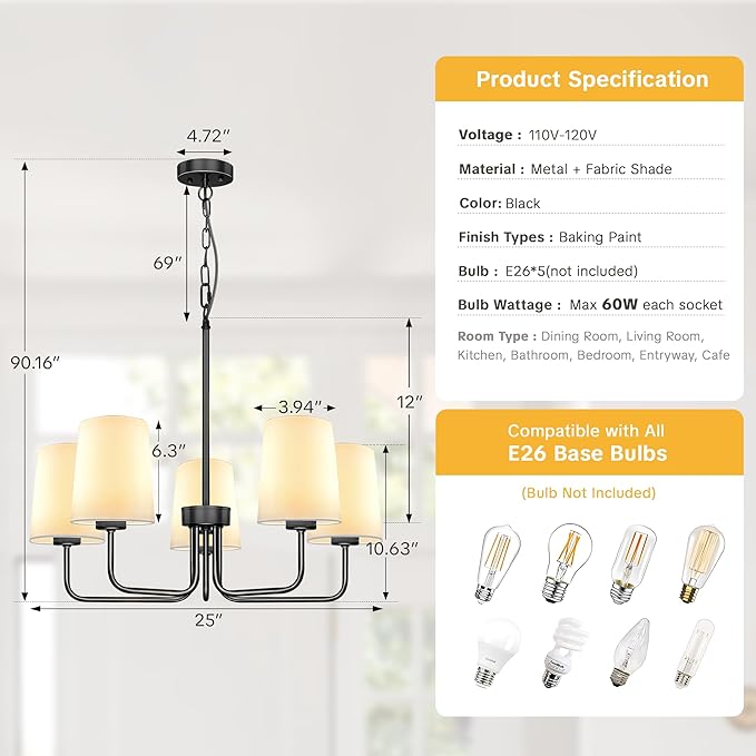 Farmhouse Chandelier, 5-Light Black Chandelier with White Fabric Shade, Height Adjustable Modern Dining Room Light Fixture with E26 Base for Bedroom Foyer Hallway Entryway Kitchen Living Room