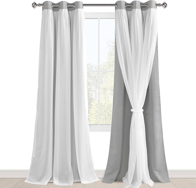 Hiasan Blackout Curtains with Sheer Overlay Mix & Match Double Layer Blackout Curtains with Tiebacks Thermal Insulated Window Panels 96 inch for Living Room Bedroom, Silver Grey, 42W X 96L,Set of 2