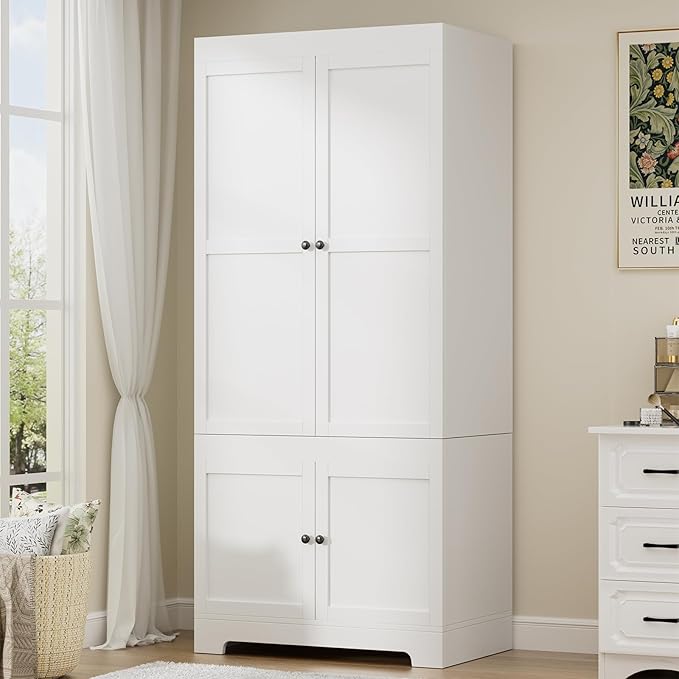 Wardrobe Closet with 2 Doors 2 Cabinets, 71" Tall Armoire with Hanging Rod Freestanding Large Capacity Clothing Wardrobe Cabinet w/Gold Handles for Bedroom-White