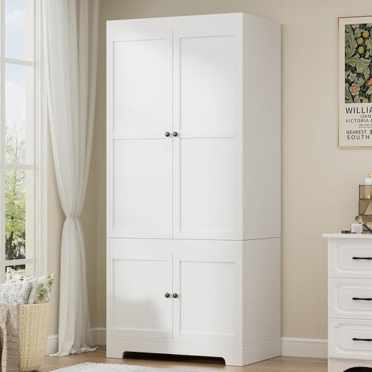 Wardrobe Closet with 2 Doors 2 Cabinets, 71" Tall Armoire with Hanging Rod Freestanding Large Capacity Clothing Wardrobe Cabinet w/Gold Handles for Bedroom-White