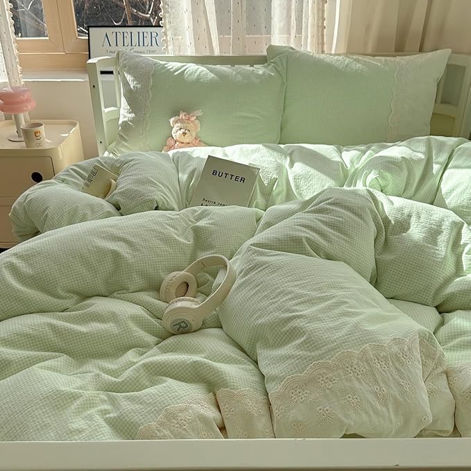 LifeTB Green Gingham Duvet Cover Full 3 Pieces Romantic Lace Duvet Cover Soft Washed Microfiber Green Grid Plaid Comforter Cover with 2 Pillowcases Farmhouse Checkered Gingham Bedding Set
