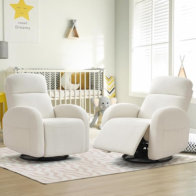 Swivel Recliner Rocker Nursery, Chenille Nursering Glider Recliner, Manual Swivel Rocking Reclining with Double Pockets for Living Room, Cream White