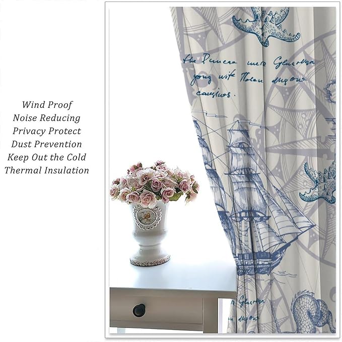 Nautical Sailboat Map Curtain,Ship Compass Lighthouse Anchor Decorative Curtain Polyester Fabric Waterproof Bedroom Curtain Set 2 Panels,72x63 Inches