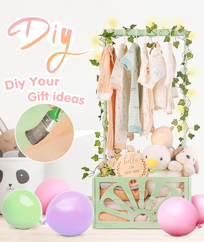 Wooden Baby Shower Crate Closet-Baby Shower Basket with Handle Hanger Rack String Lights Welcome Gift Basket Wooden Crate for Baby Shower Newborn Boys Girls Pregnancy Gifts for New Parents X-Large