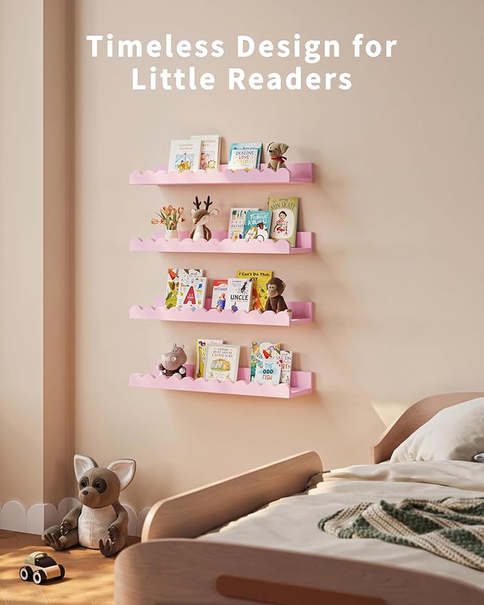 Shario Nursery Book Shelves, 4-Pack White Floating Shelves for Wall Kids, Scalloped Shelves, Wall Book Shelves for Bedroom Kids, Toddler Room, Baby Room, Nursery Decor(Pink, 16.5 Inches)