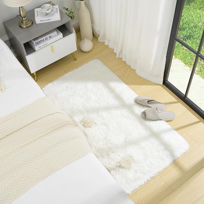 BENRON Fluffy Runner Rugs 2x4, Soft Long Runners for Bedroom Hallyway Entryway Kitchen, Washable Fuzzy Throw Rug for Kids Girls Room Decor Photo Prop, Cream White