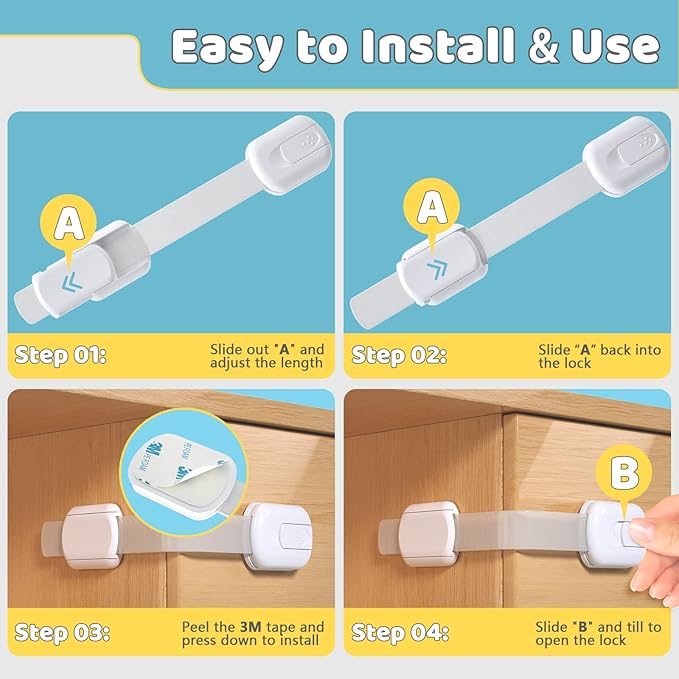 4our Kiddies Child Proof Cabinet Locks for Baby Proofing, 14 Pack Baby Proof Drawer Locks for Kids, Child Safety, Adjustable Child Locks for Cabinet and Drawers with 12 Extra 3M Adhesives, No Drilling