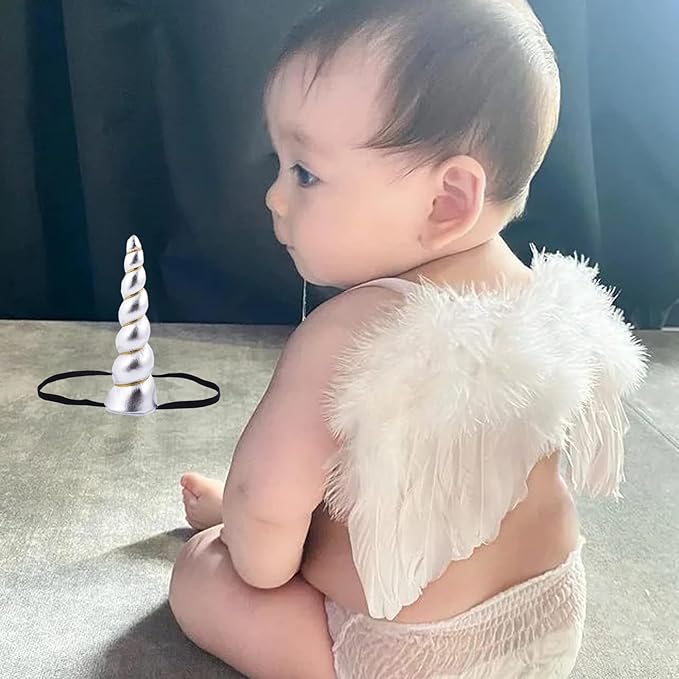 2PCS White Angel Wings With Silver Unicorn Headband For Newborn Infant Photography Props Soft Fairy Feather Wings For Toddlers Kids Girls Gifts(Color E, One Size)