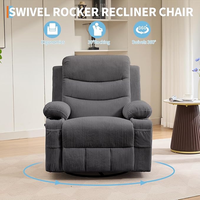 Recliner Chair Nursery, Oversized Manual Reclining Rocking Chair, Corduroy 360 Swivel Glider with Cup Holder, Massage and Heat Recliner, Small Sofa Chairs for Adults, Living Room, RV, Bedroom, Gray