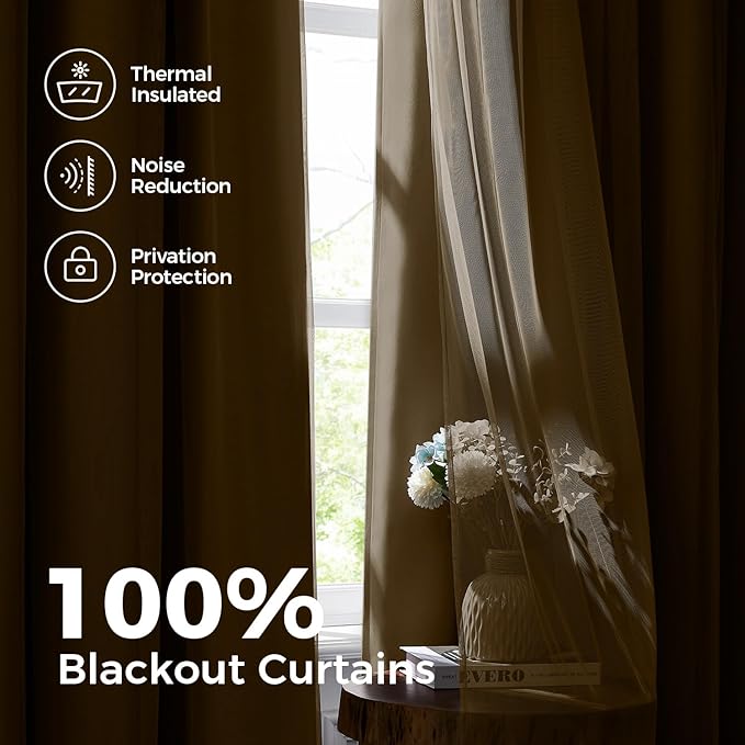 100% Blackout Curtains for Bedroom, Double Layer Khaki Curtains, Black Out Curtain 108 inch long With Sheer Overlay for Living Room, Room Darkening Window Drapes with Grommet, 52"W x 108"L